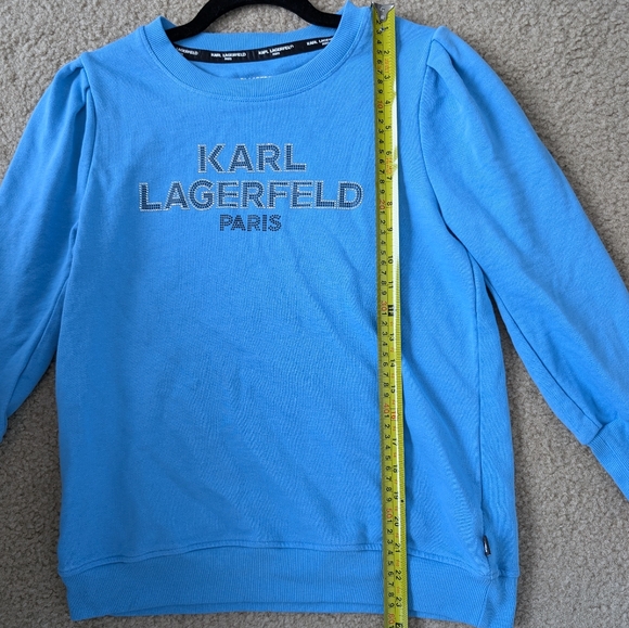 Karl Lagerfeld Rhinestone Logo Puff Shoulder 3/4 sleeve sweater Sz S - Picture 11 of 15